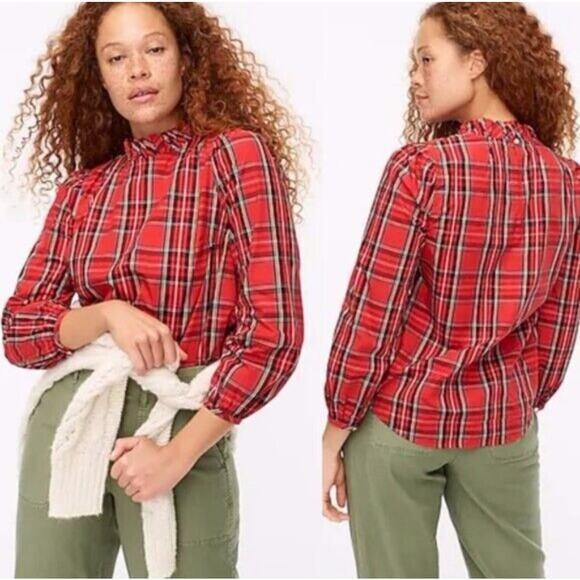 J. Crew Red Stewart Tartan Plaid Ruffle Neck Long Sleeve Top Size XL - Picture 1 of 9